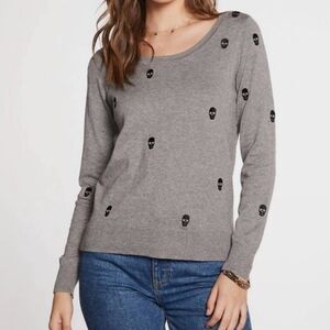 Chaser Embroidered Skull Sweater Cotton Cashmere Blend Grey Size Small Halloween